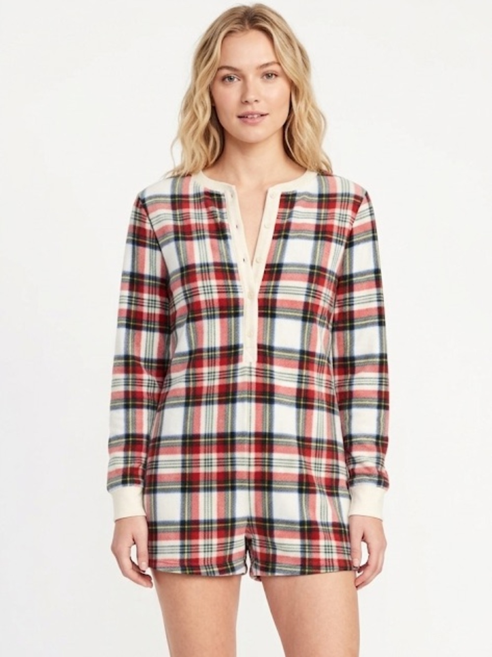 Old navy fleece plaid romper sleep pajamas size large
